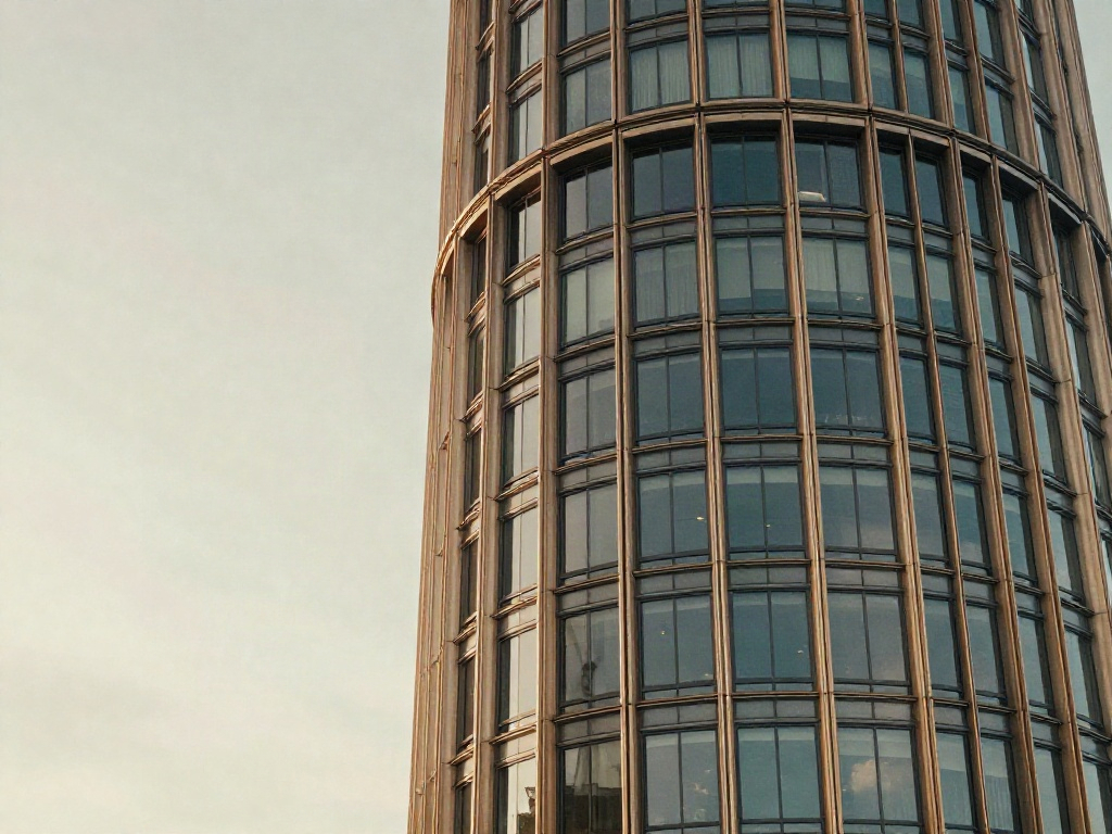An upward perspective on a modern curved glass office tower
