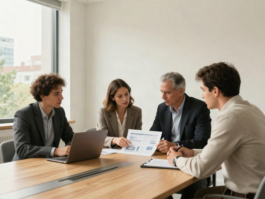 Consultants discussing business performance charts around a meeting table